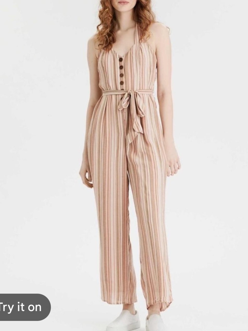 American Eagle Outfitters Blush and Cream Striped Tie-Waist Jumpsuit